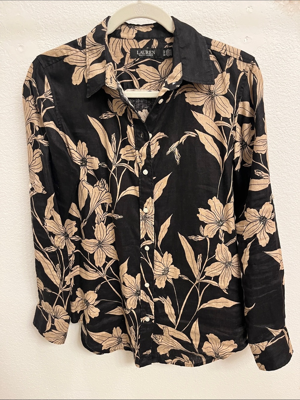 Lauren Ralph Lauren Linen Black Button-Front Shirt with Tan Floral Print